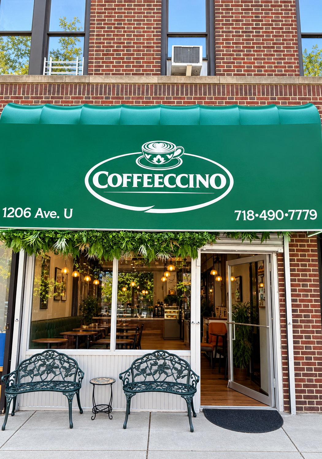 The clean and welcoming Coffeeccino storefront at 1206 Avenue U in Brooklyn